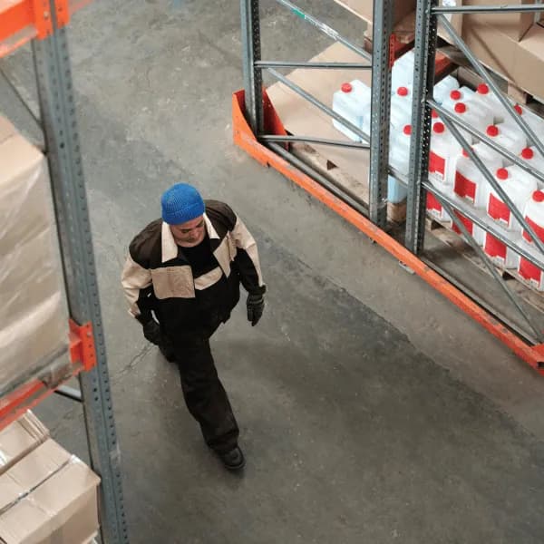 A warehouse worker walking past stacked packages